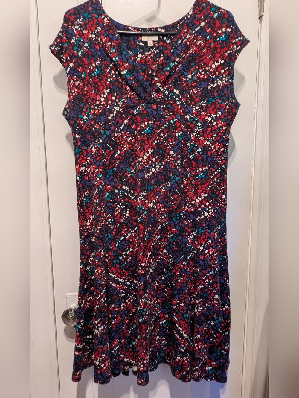 Talbots Petite Black Abstract Speckled Print Top with Teal & Magenta Accents